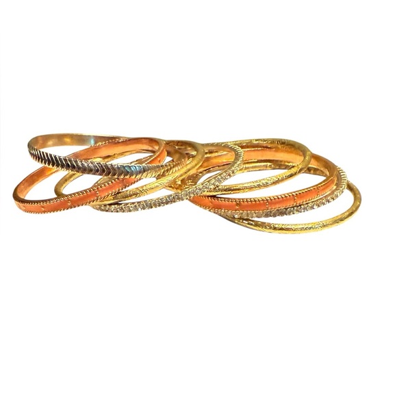Vintage Jewelry - Vintage Gold/Rhinestone/Coral Enamel 8 pc Bangle Bracelet Set